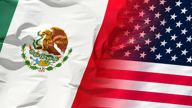 united states of america usa flag blended into flag of mexico republic background national symbol state relationship meeting friendship conflict trade aggression partnership politics closeup concept