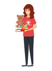 woman volunteer with books and bear teddy