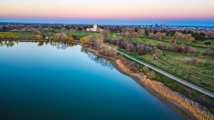 Drone Spring Sunset Over Denver, Colorado