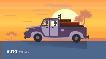 Obraz premium Auto journey. Cartoon and flat. Summer Road Trip. Family Outdoor Holidays. Poster or banner. Our Adventures. Natural sunset. Summer Travels. Vector illustration. Travel by car concept. Landing page.
