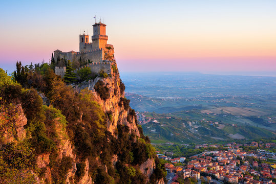 Guaita tower fortress on sunrise, San Marino