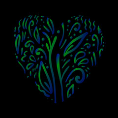 Hand drawn doodle vector illustration. Ecology, nature protection. Green heart concept on the black background.