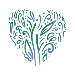 Hand drawn doodle vector illustration. Ecology, nature protection. Green heart concept on the white background.