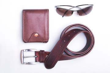 Men's accessories for business and rekreation. A professional studio photograph of men's business accessories. Top view composition