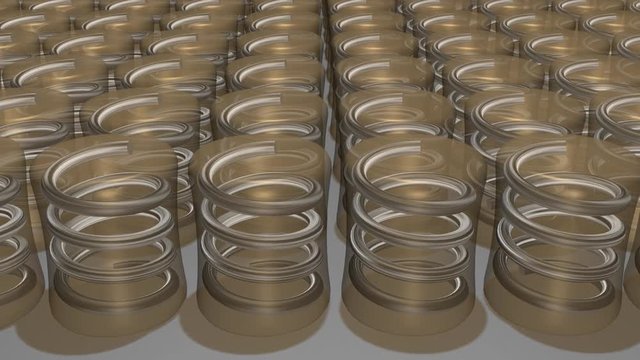 Array of mattress  box springs interior. 3d animation . Camera view tracks left to right