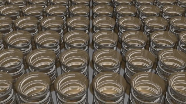 Array of mattress  box springs interior. 3d animation . Camera view zooms out