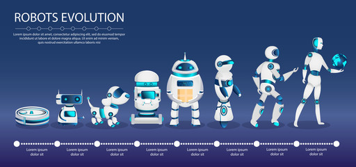 Robot and technology evolutions concept. Infographics about different kinds of robots its functionality and evolution through the time