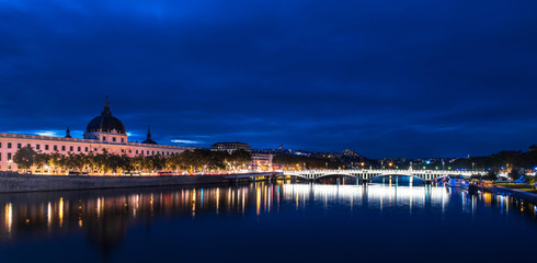 View of Rhone river in Lyon at night, France