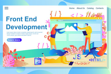 Website page showing the process of the front end development, from the idea to design and coding using certain languages and scripts