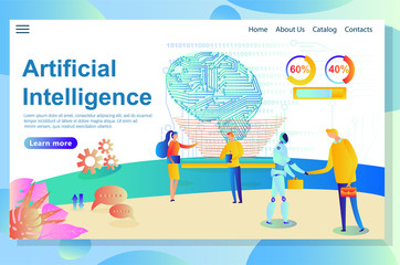 Artificial intelligence website part, shows info graphics, interaction process between people and technology. Vector illustration for website and mobile website.