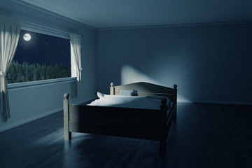 3d rendering of bedroom with unmade and rumpled wooden bed in the full moon night