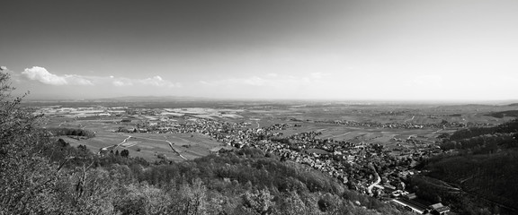 Aerial drone view over the French city of Ribeauville in Alsace with tiny houses, churches, grape vineyards, and black forest in the background - black and white
