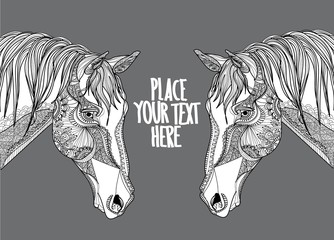 Horse's head. Drawing by hand in vintage style. Meditative coloring. coloring for children. A horse with a long mane. Arrows, points, patterns.