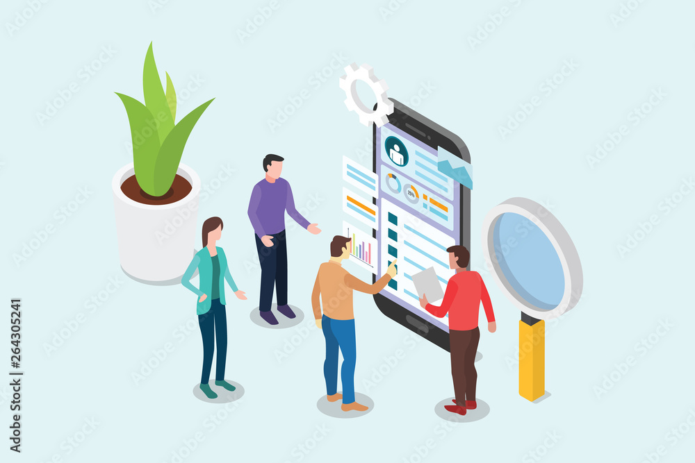 Poster isometric ui and ux designer concept with team people working on smartphone and design page - vector
