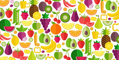 Fruits and vegetables background. Organic and healthy food. Flat style, vector illustration.
