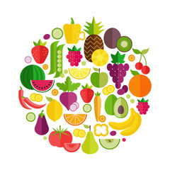 Fruit and vegetables organic flat icons in circle design.Healthy lifestyle or diet design element. 
