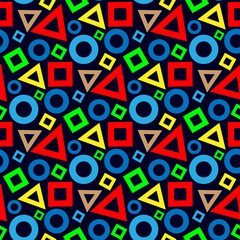 Geometric shapes on a dark blue background. Seamless pattern. Vector drawing.