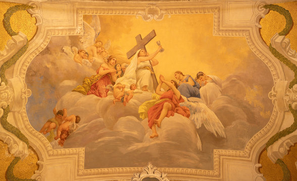 ACIREALE, ITALY - APRIL 10, 2018: The symbolic fresco of Faith cardinal virtue  among the angels in Basilica Collegiata di San Sebastiano by Francesco Mancini Ardizzone (1899 - 1901).