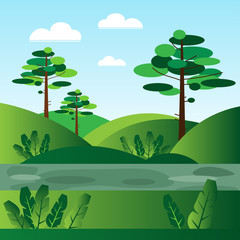 Summer green landscape background - pathway among hills with grass and trees. Nature in the park behind the city, country road through the fields and blue sky with clouds. Vector flat illustration.