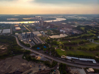 Aerial view Power plants, petrochemical plants At sunset.