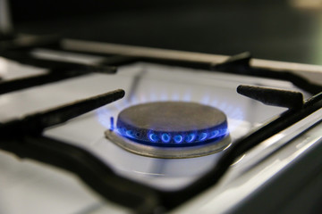 gas burns on the kitchen stove. blue flame of gas stove closeup side view. gas stove burner with...
