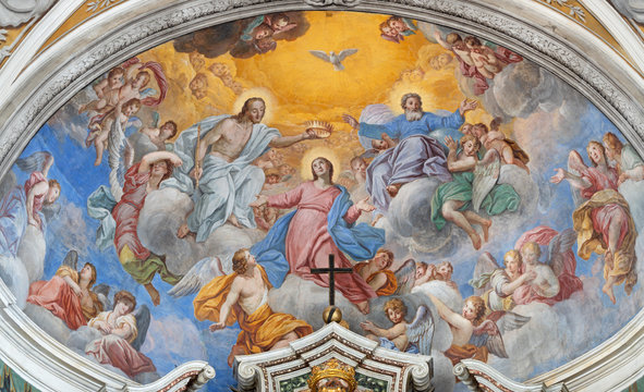 ACIREALE, ITALY - APRIL 11, 2018: The fresco of Coronation of Virgin Mary in main apse of church Chiesa di San Camillo by Pietro Paolo Vasta (1745 - 1750).
