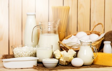 Dairy products collection on wooden table