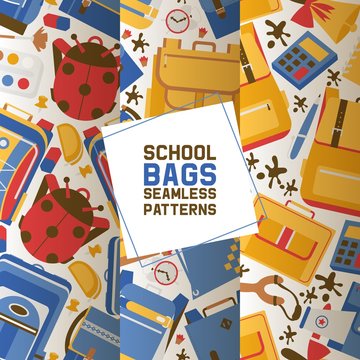 School vector seamless pattern kids education schooling supplies accessory schoolchilds backpack bag backdrop childish educational stationery for studying in classroom illustration set of background