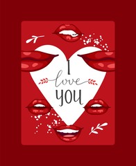 Lip vector pattern cartoon beautiful red lips in kiss or smile fashion lipstick sexy mouth kissing lovely on valentines day illustration background love heart backdrop poster