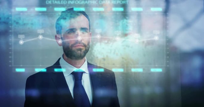Slow motion of handsome businessman using futuristic augmented reality hologram for viewing finance and economic trends.