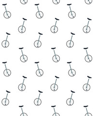 Vector seamless pattern of flat cartoon gray one wheel bicycle isolated on white background 