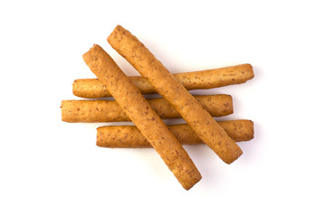 Crispy breadsticks isolated on white background. Top view.