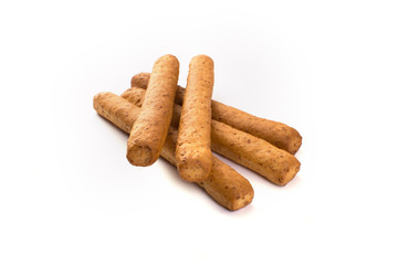 Crispy breadsticks isolated on white background.