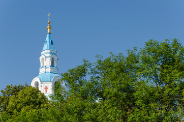 Spaso-Preobrazhensky Cathedral of the Valaam Monastery.The bell tower of the Orthodox Cathedral. Valaam Island, Karelia, Russia. Beautiful greeting card with place for text for Orthodox Easter.