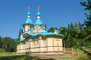 Beautiful Orthodox Church on a clear sunny day on Valaam Island. Gethsemane Skete. Church in the...