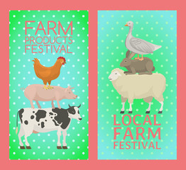 Farm products festival banner vector illustration. Collection of cute pet animal. Domestic animals as cow, pig and goose, rabbit, hen, turkey, chick, sheep. Local market.