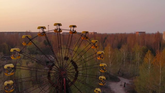 Views of the city of Pripyat near the Chernobyl nuclear power plant, aerial view. The main square of the abandoned city Pripyat at sunset. Exclusion zone near the Chernobyl nuclear power plant.