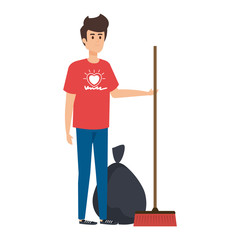 young man volunteer with garbage bag and broom