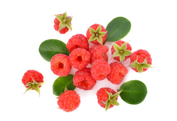  Top view of Raspberries with green leaf isolated on white background