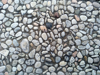Gravel floor texture background. Floor background with stones. Rocks on the path for health. Round stone floor background.