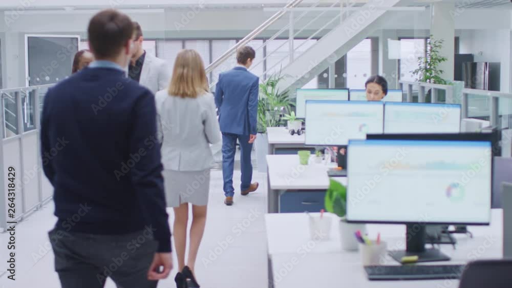 Poster busy hallway in modern corporate office: professional businesspeople walking, having discussions, fi
