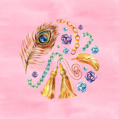 Peacock gold feather. Vintage curl watercolor background. luxury wallpaper