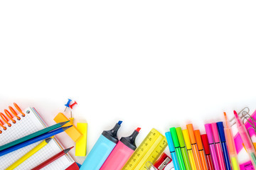 School supplies on white background. Copyspace. Top view