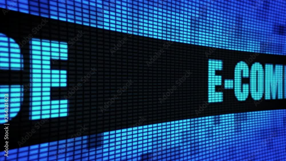 Poster e-commerce side text scrolling on light blue digital led display board pixel light screen looped ani