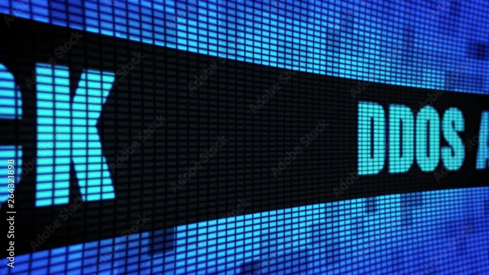 Poster ddos attack side text scrolling on light blue digital led display board pixel light screen looped an