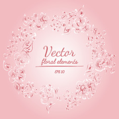 Fototapeta na wymiar Wreath of roses or peonies flowers and branches with azalea, pale pink and white colors. floral frame design elements for invitations, greeting cards, posters, blogs. Hand drawn vector illustration.