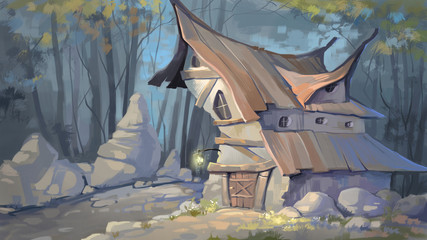 Fabulous landscape with forest house. Digital painting illustration.