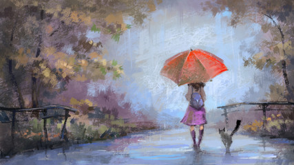 Girl with a red umbrella and she's cat walks in the park in the rain. Digital painting illustration.