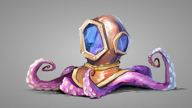 Octopus in a diving helmet. Digital painting illustration.