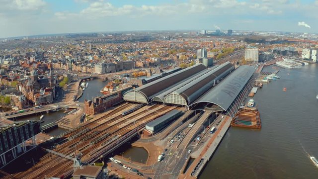 Aerial view of the Amsterdam central station. View from above.